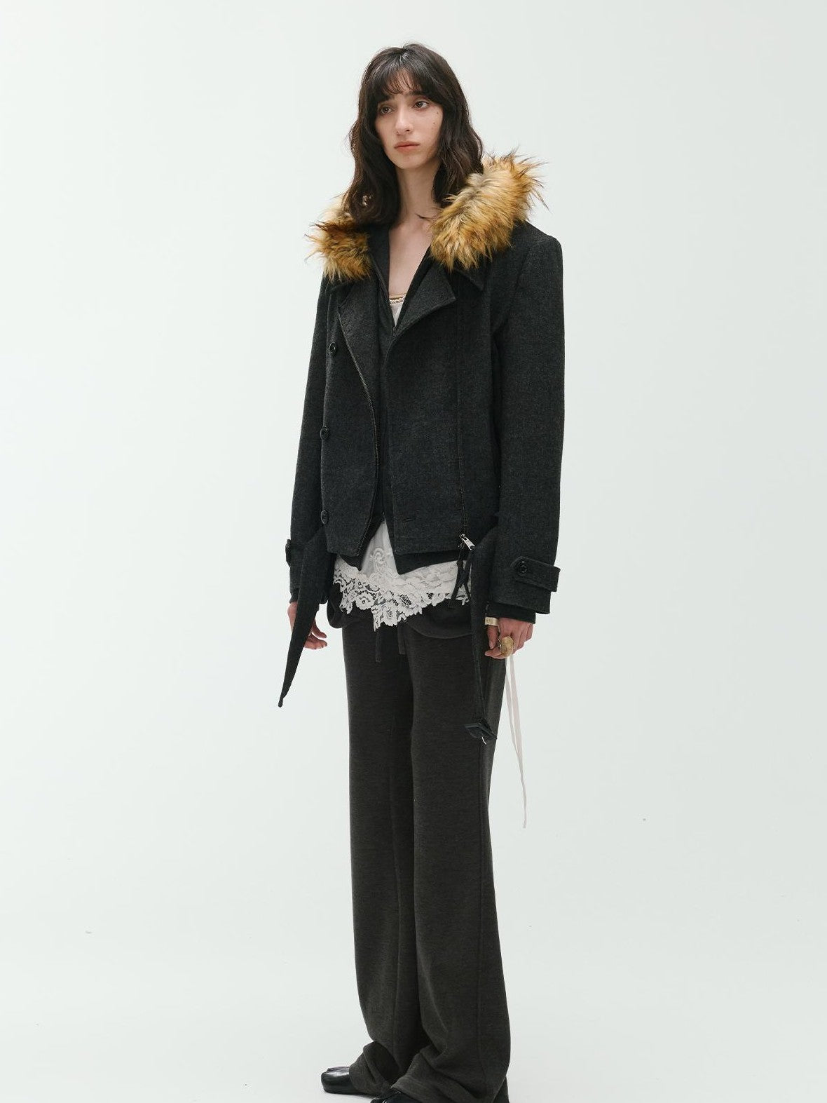 ENDO PER SE Curved Double Zip Detachable Fur Collar Women's Wool Hoodies