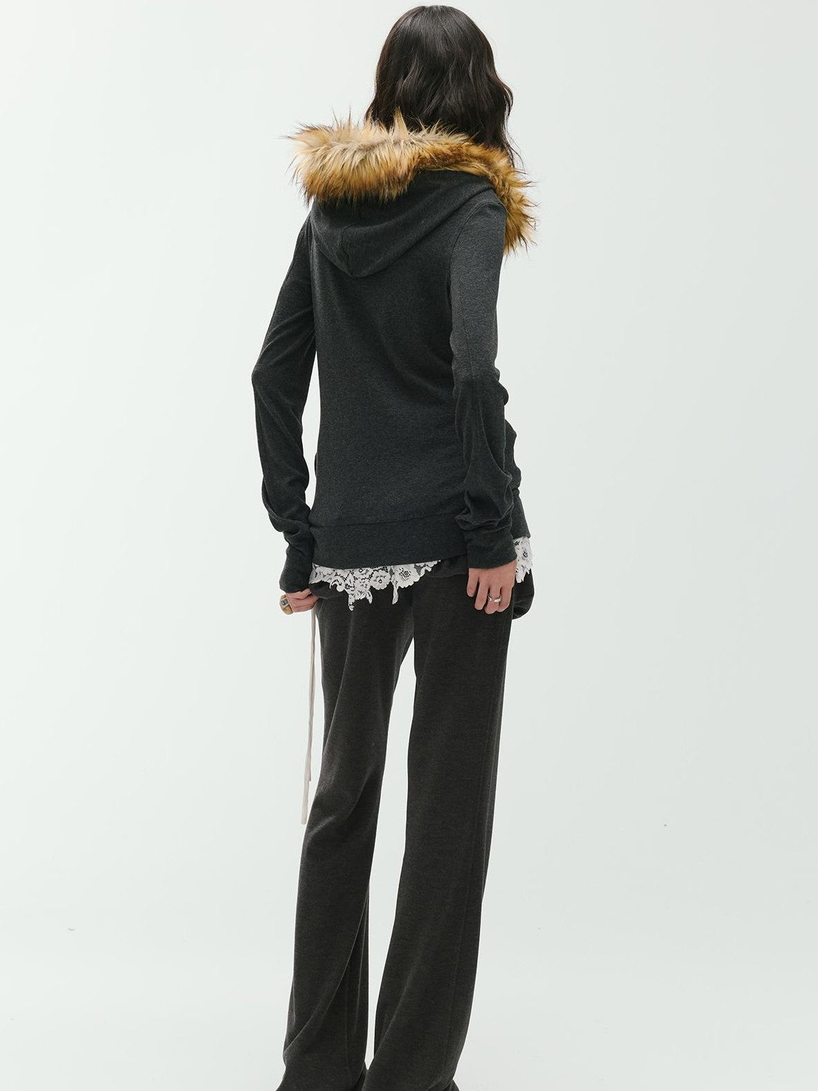 ENDO PER SE Curved Double Zip Detachable Fur Collar Women's Wool Hoodies