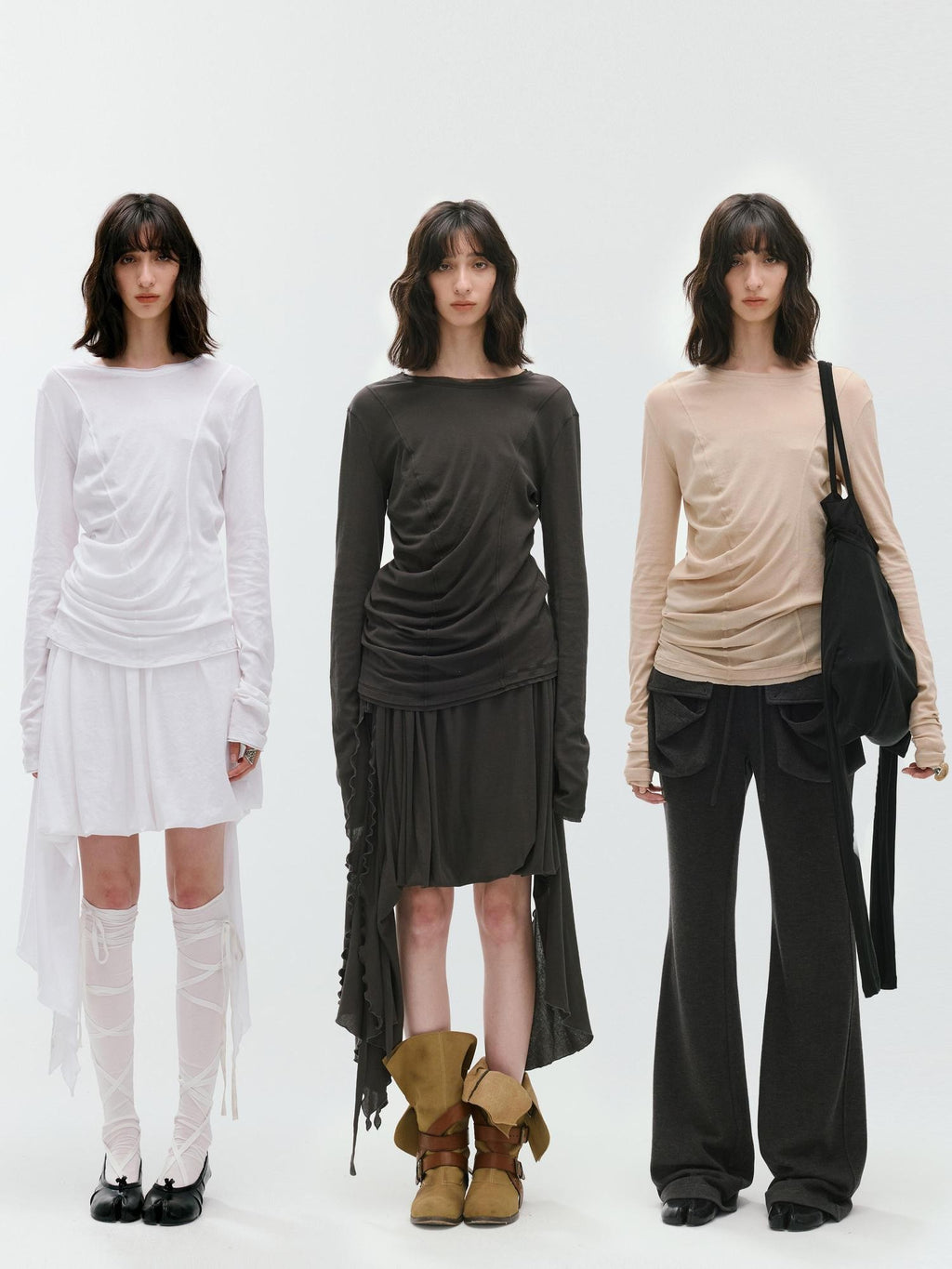 ENDO PER SE Deconstructed Asymmetric Curved Ruched Women's Cotton Long Sleeve T-shirts