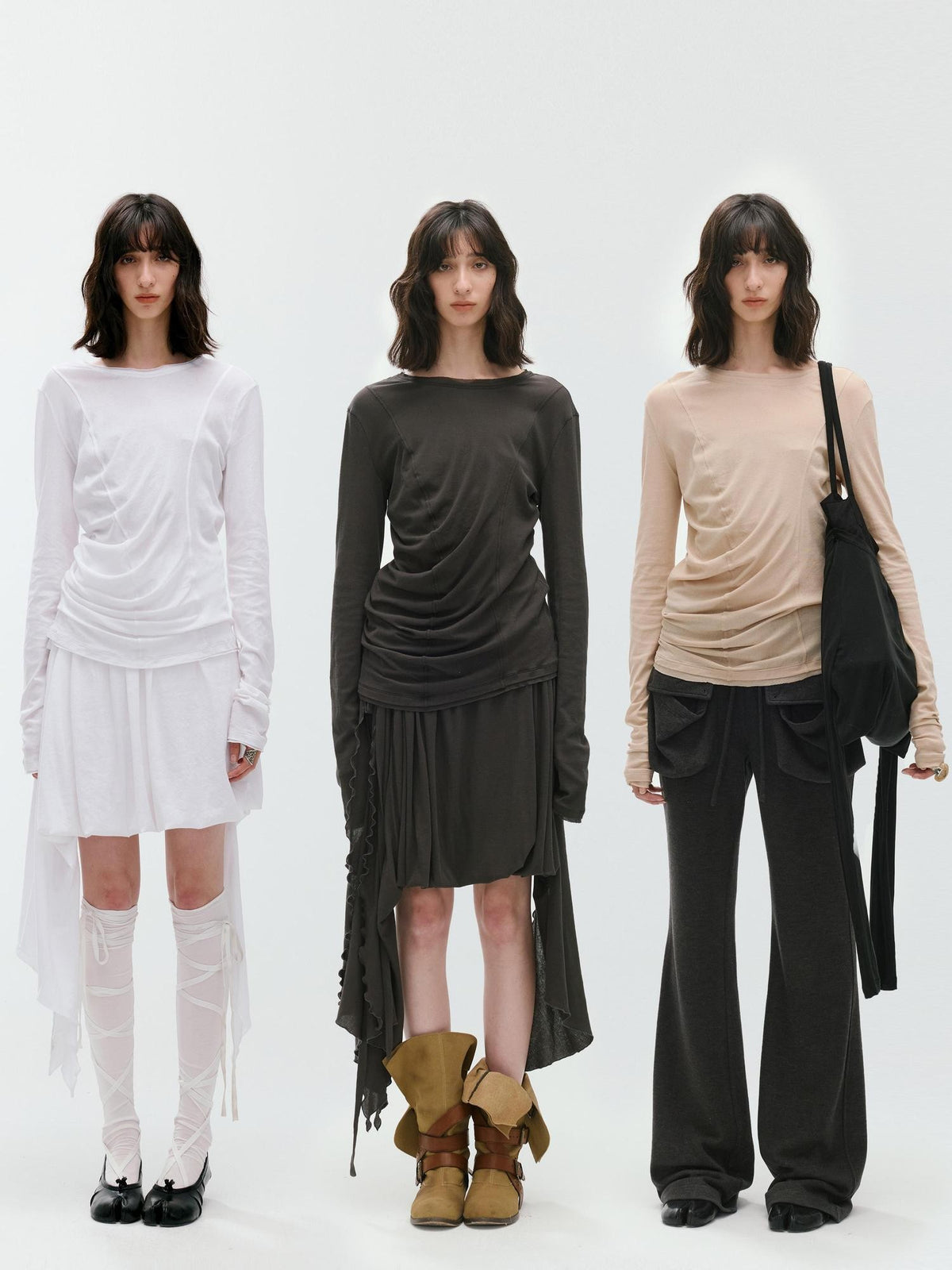 ENDO PER SE Deconstructed Asymmetric Curved Ruched Women's Cotton Long Sleeve T-shirts
