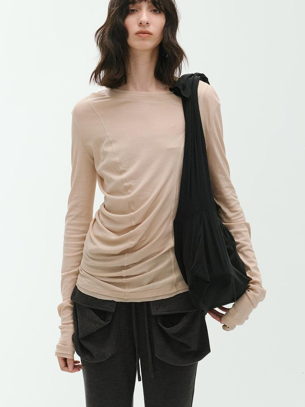 ENDO PER SE Deconstructed Asymmetric Curved Ruched Women's Cotton Long Sleeve T-shirts