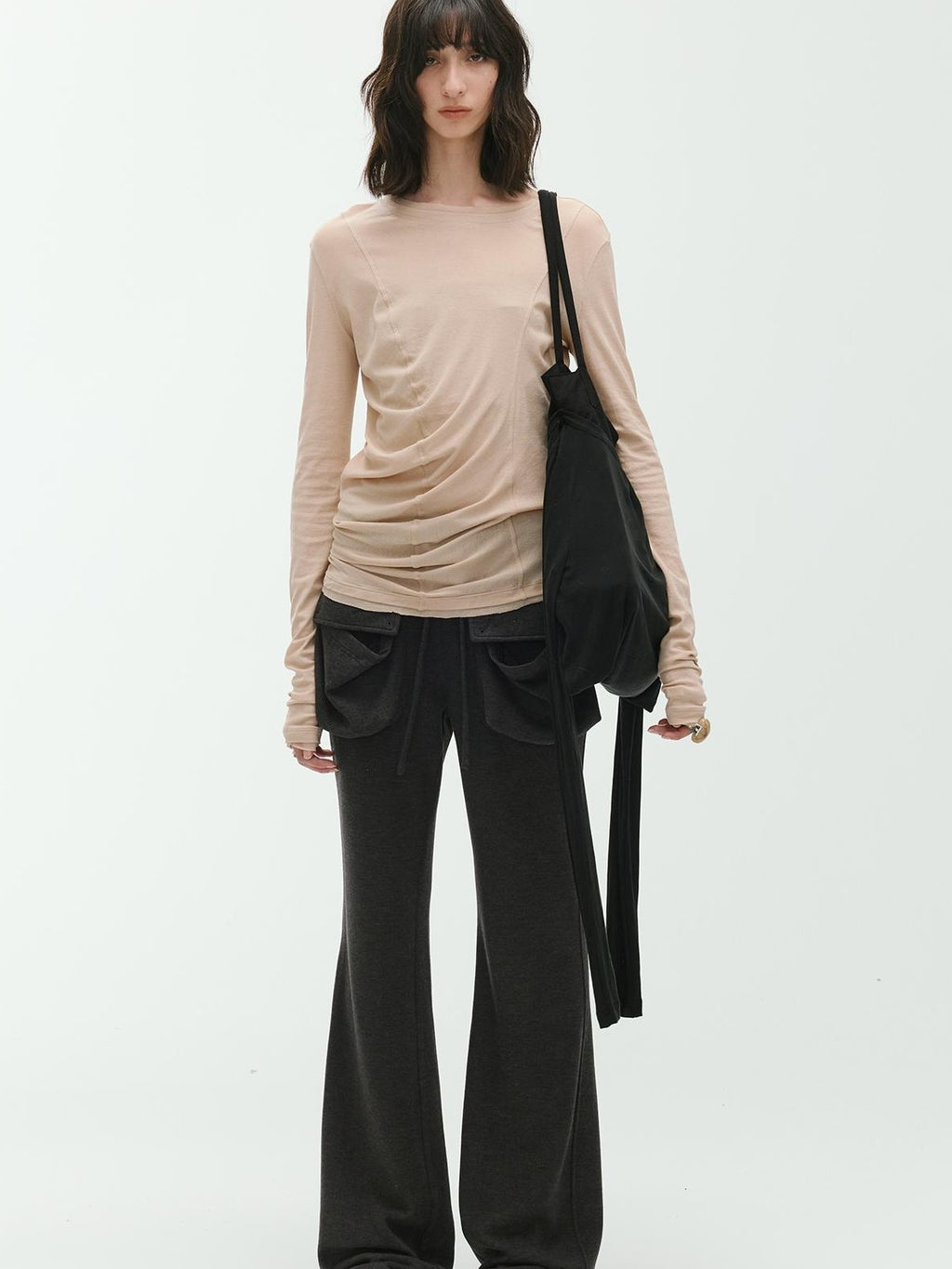 ENDO PER SE Deconstructed Asymmetric Curved Ruched Women's Cotton Long Sleeve T-shirts