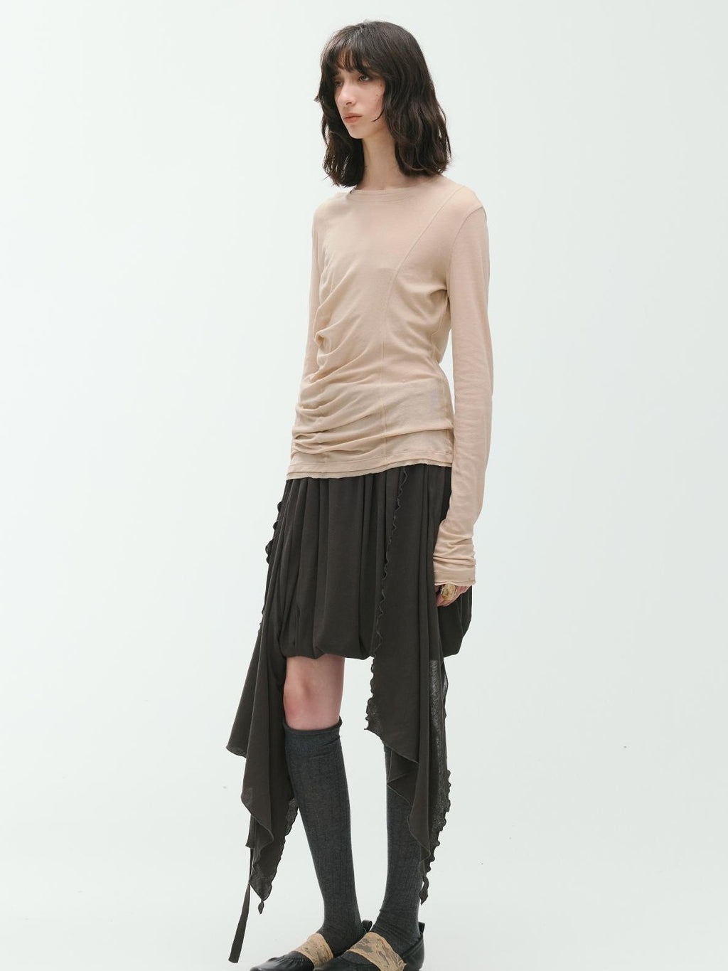 ENDO PER SE Deconstructed Asymmetric Curved Ruched Women's Cotton Long Sleeve T-shirts