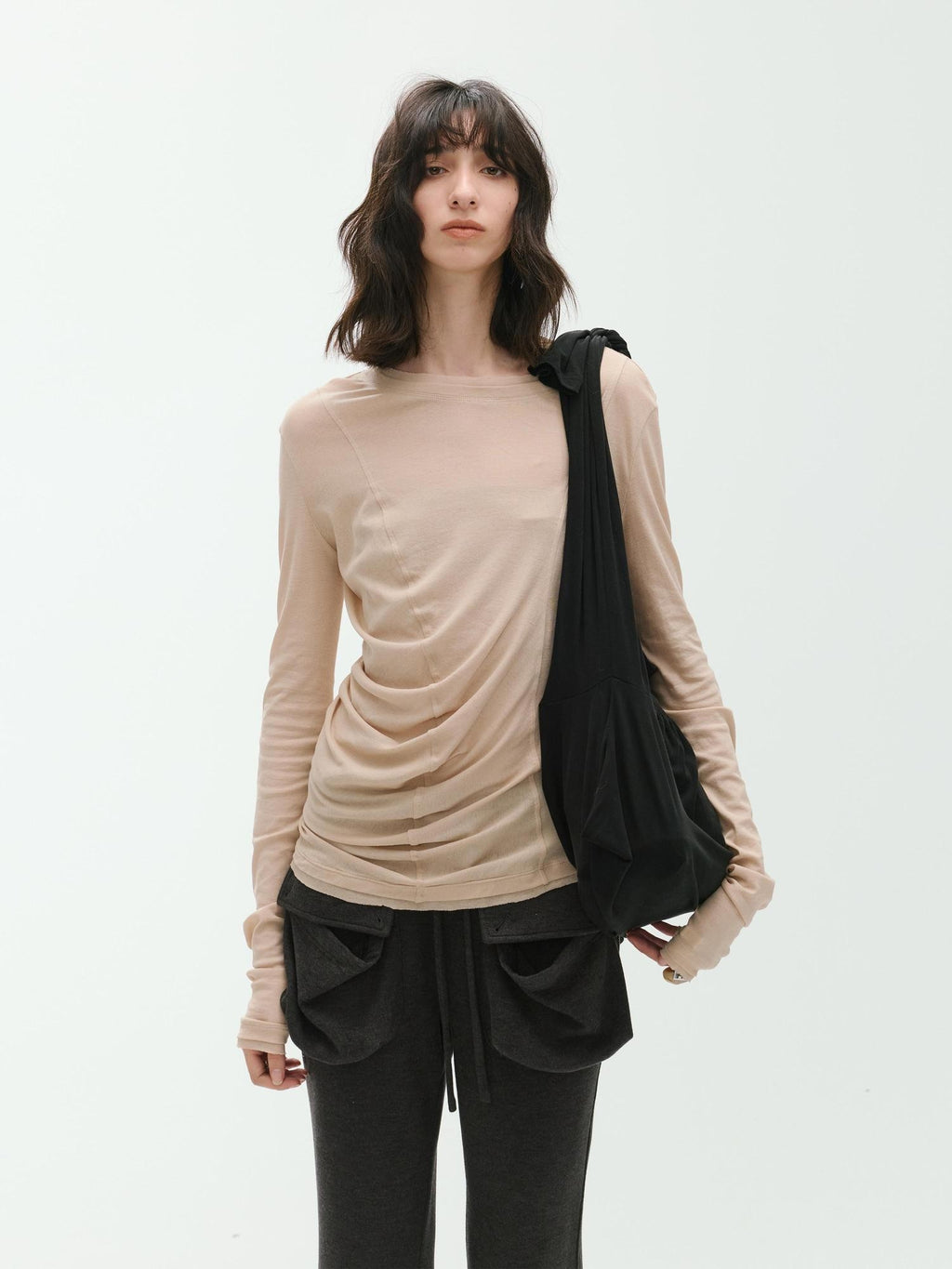 ENDO PER SE Deconstructed Asymmetric Curved Ruched Women's Cotton Long Sleeve T-shirts