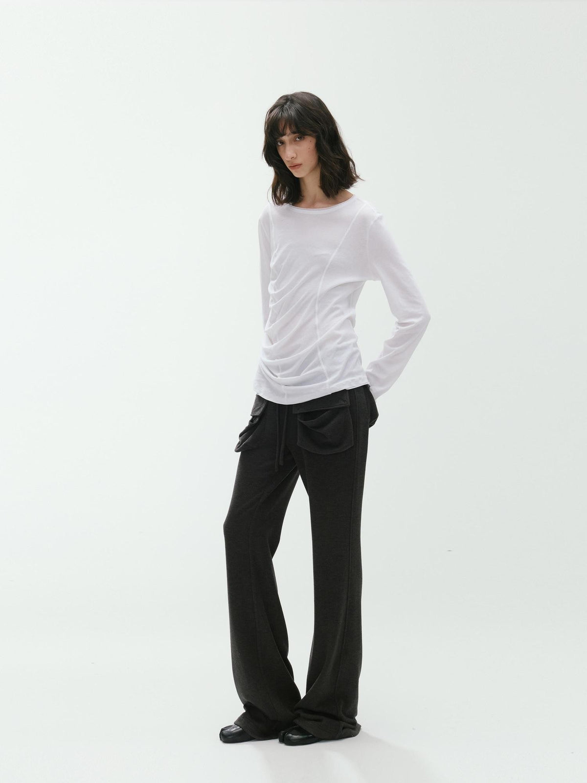 ENDO PER SE Deconstructed Asymmetric Curved Ruched Women's Cotton Long Sleeve T-shirts