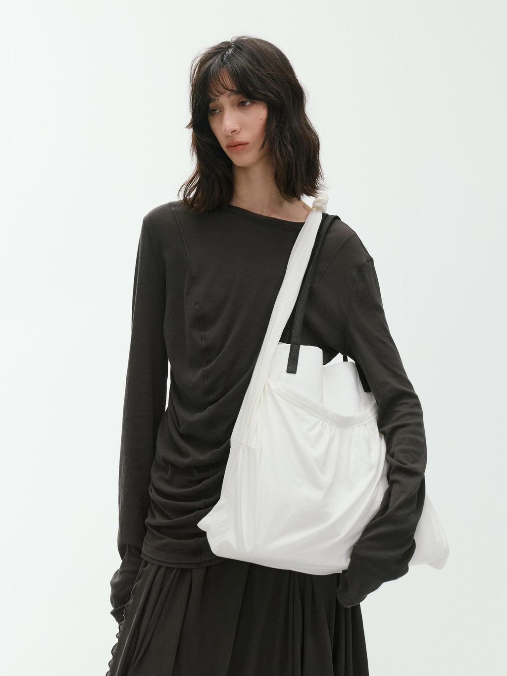 ENDO PER SE Deconstructed Asymmetric Curved Ruched Women's Cotton Long Sleeve T-shirts