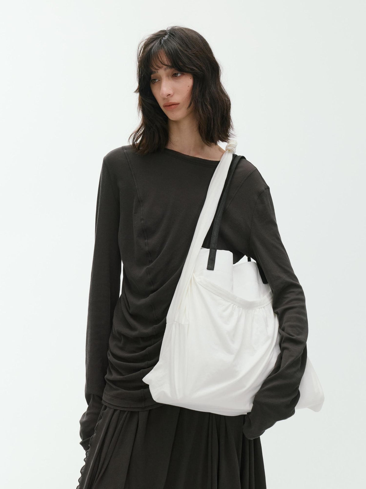ENDO PER SE Deconstructed Asymmetric Curved Ruched Women's Cotton Long Sleeve T-shirts