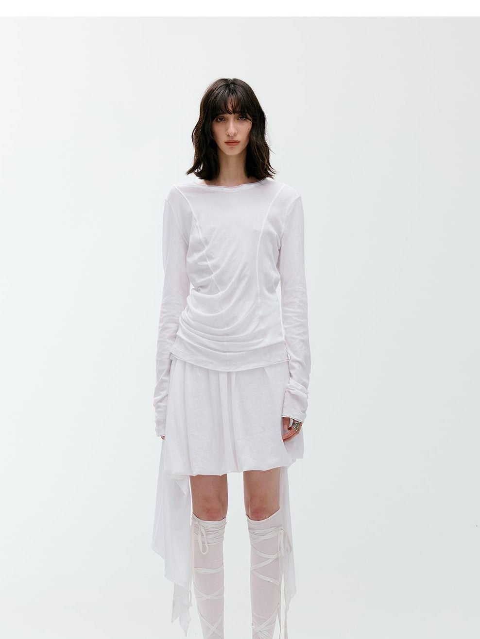 ENDO PER SE Deconstructed Asymmetric Curved Ruched Women's Cotton Long Sleeve T-shirts