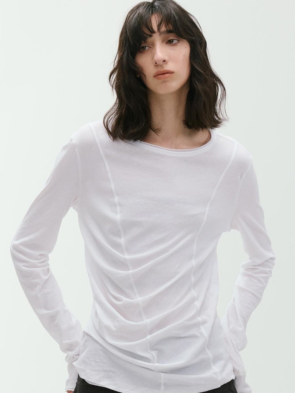 ENDO PER SE Deconstructed Asymmetric Curved Ruched Women's Cotton Long Sleeve T-shirts