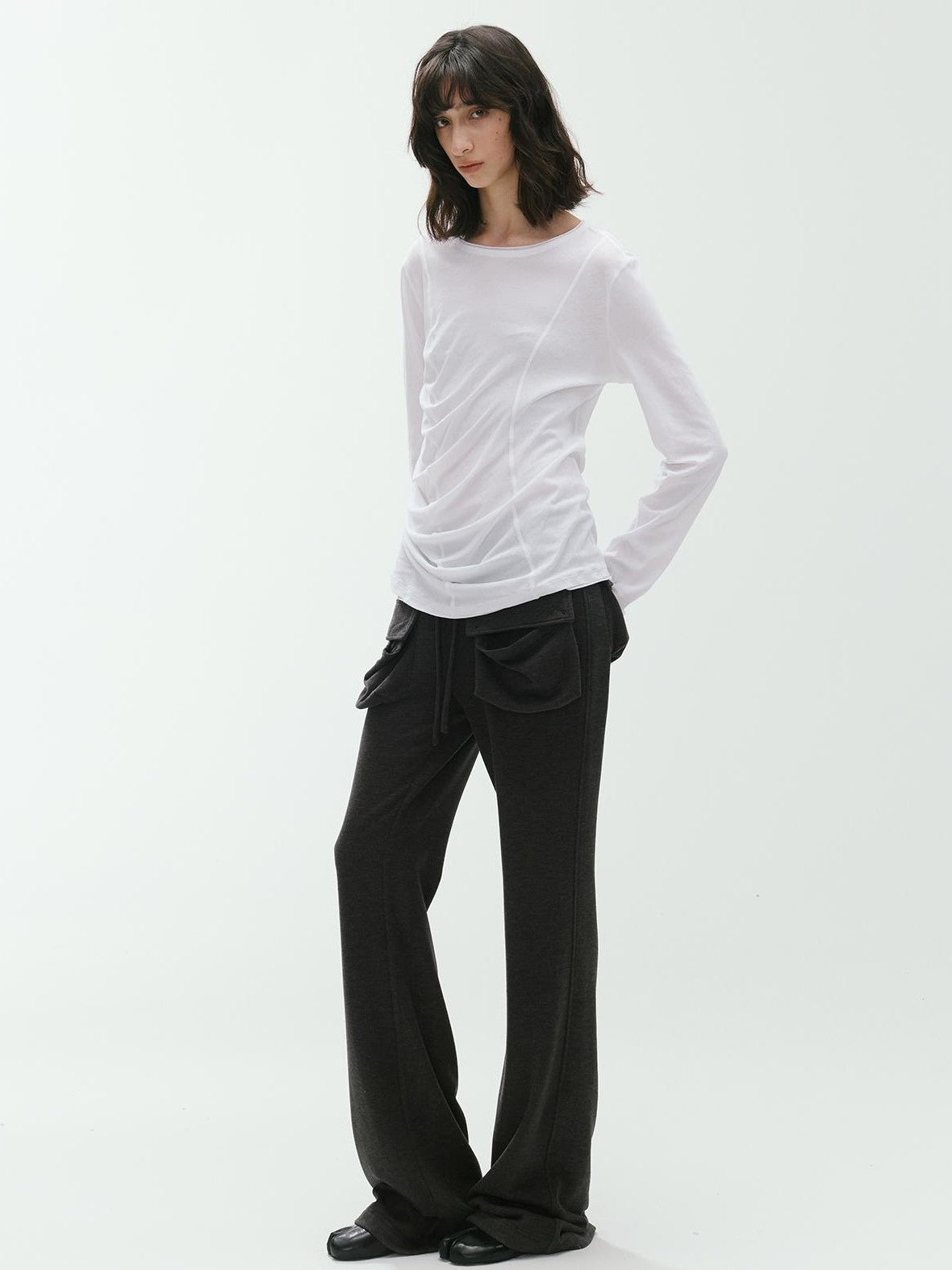 ENDO PER SE Deconstructed Asymmetric Curved Ruched Women's Cotton Long Sleeve T-shirts