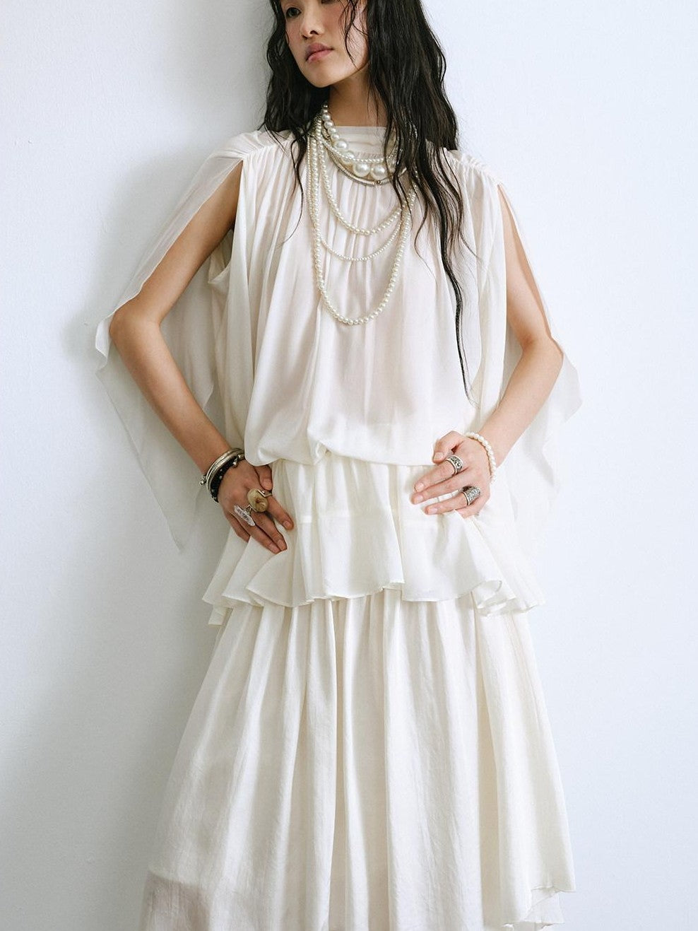 ENDO PER SE Drapey Asymmetric Gathered Women's Recycled Viscose Blend Midi Skirts