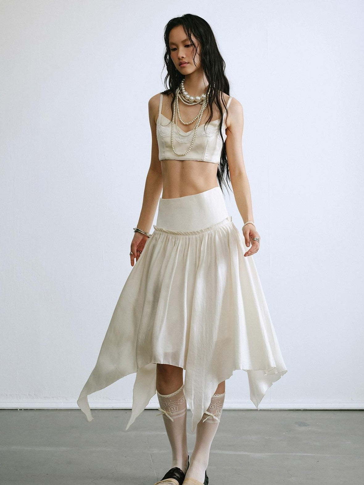 ENDO PER SE Drapey Asymmetric Gathered Women's Recycled Viscose Blend Midi Skirts
