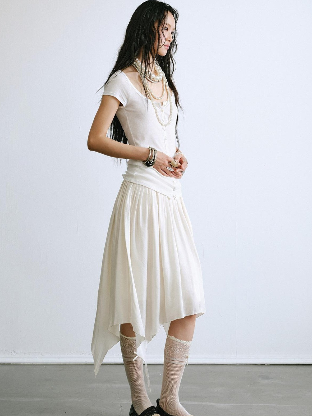 ENDO PER SE Drapey Asymmetric Gathered Women's Recycled Viscose Blend Midi Skirts