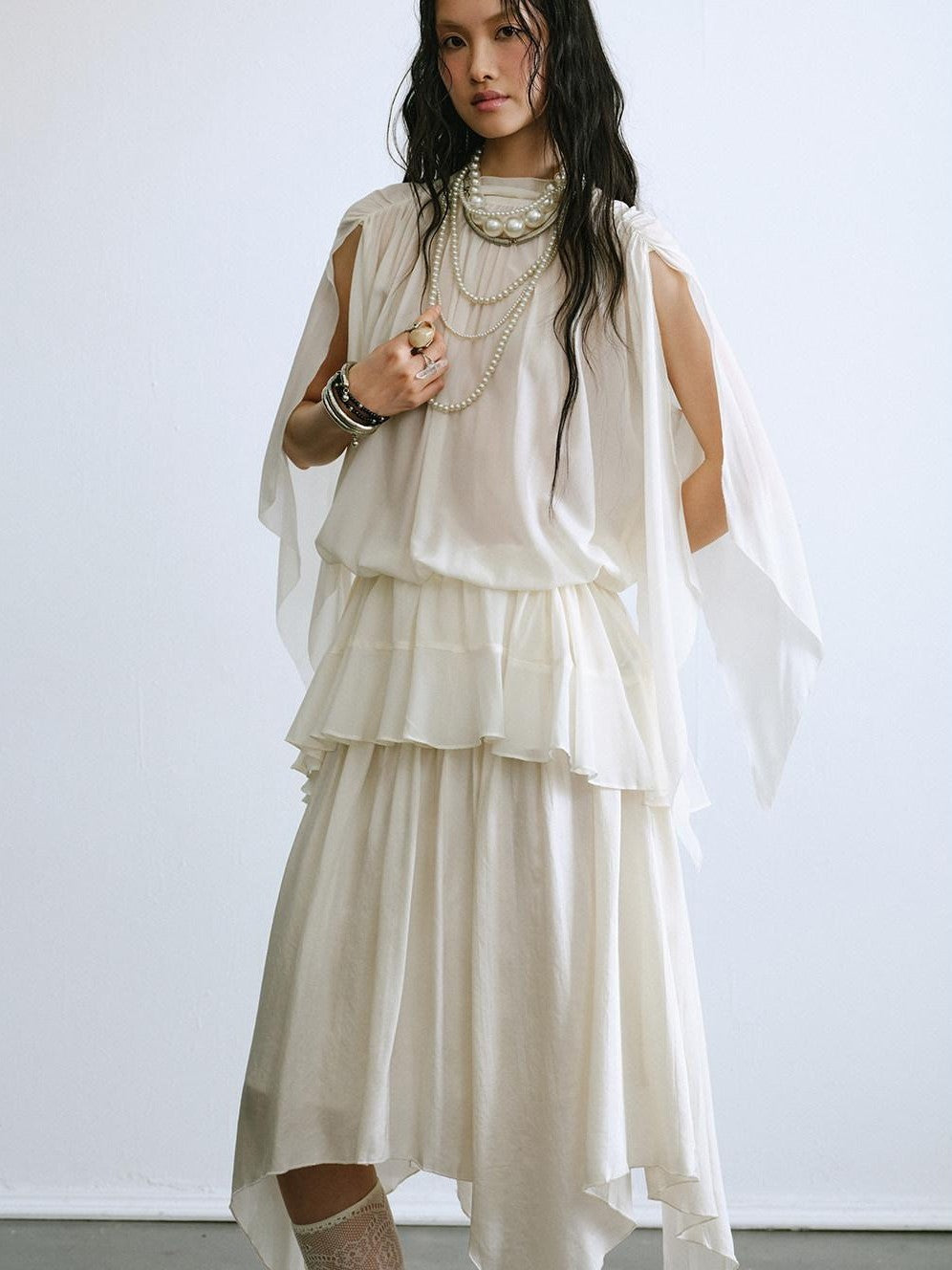 ENDO PER SE Drapey Asymmetric Gathered Women's Recycled Viscose Blend Midi Skirts
