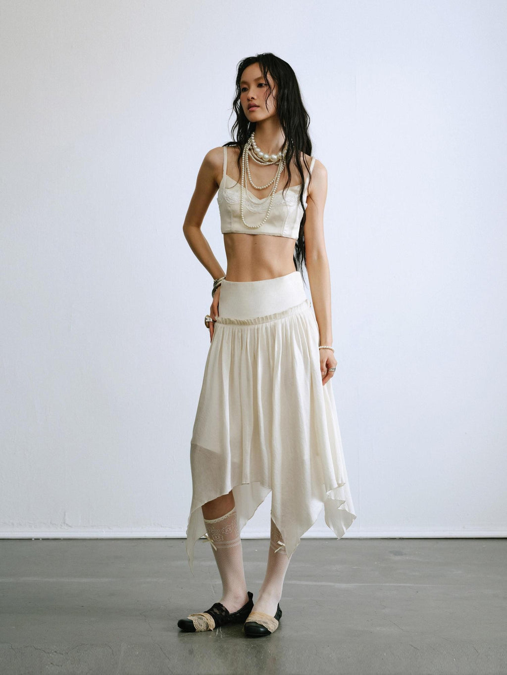 ENDO PER SE Drapey Asymmetric Gathered Women's Recycled Viscose Blend Midi Skirts