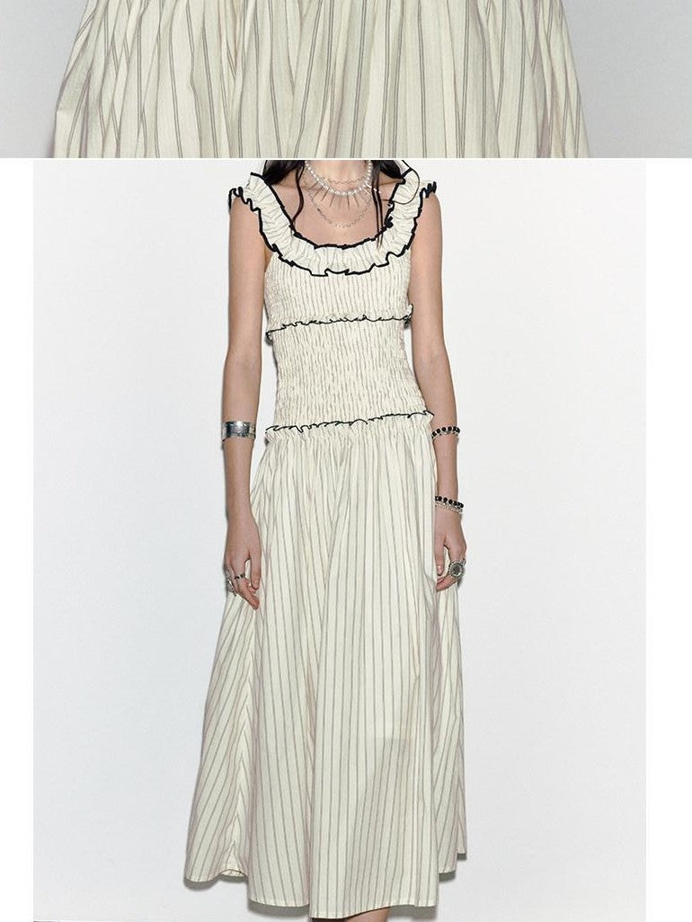 ENDO PER SE Floral Ruffle Trim Gathered Waist Straight Neck Women's Cotton Slip Maxi Dresses