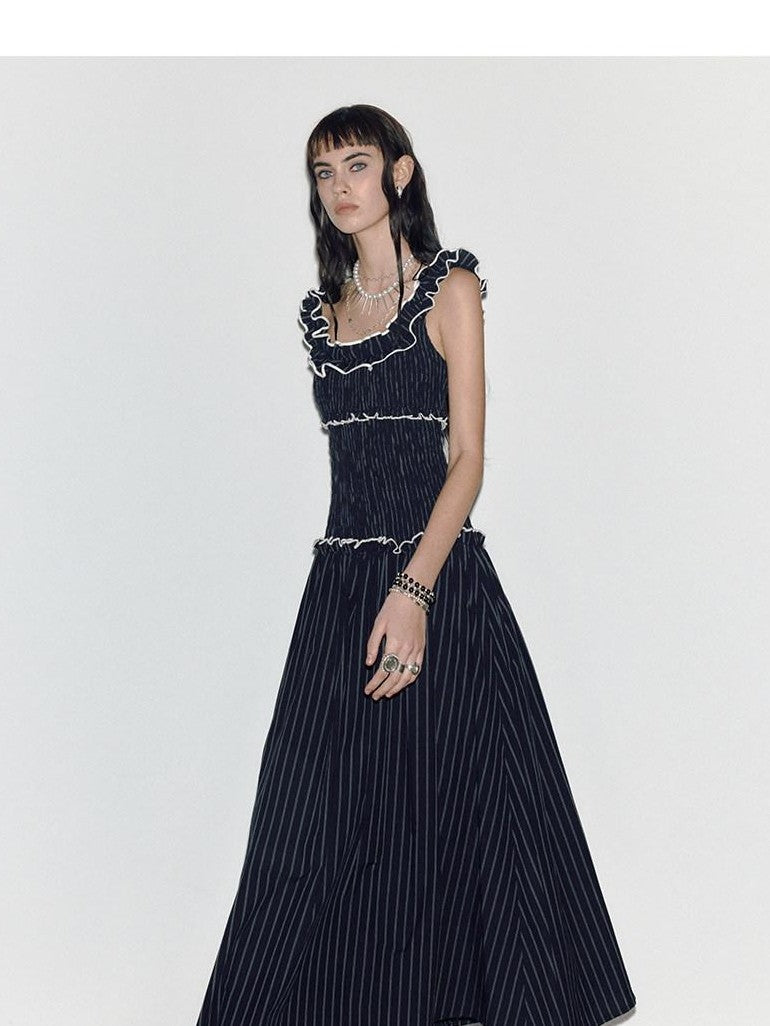 ENDO PER SE Floral Ruffle Trim Gathered Waist Straight Neck Women's Cotton Slip Maxi Dresses