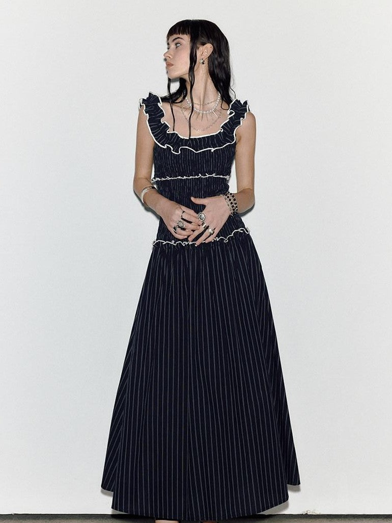 ENDO PER SE Floral Ruffle Trim Gathered Waist Straight Neck Women's Cotton Slip Maxi Dresses