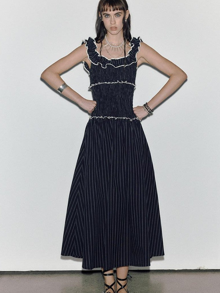 ENDO PER SE Floral Ruffle Trim Gathered Waist Straight Neck Women's Cotton Slip Maxi Dresses