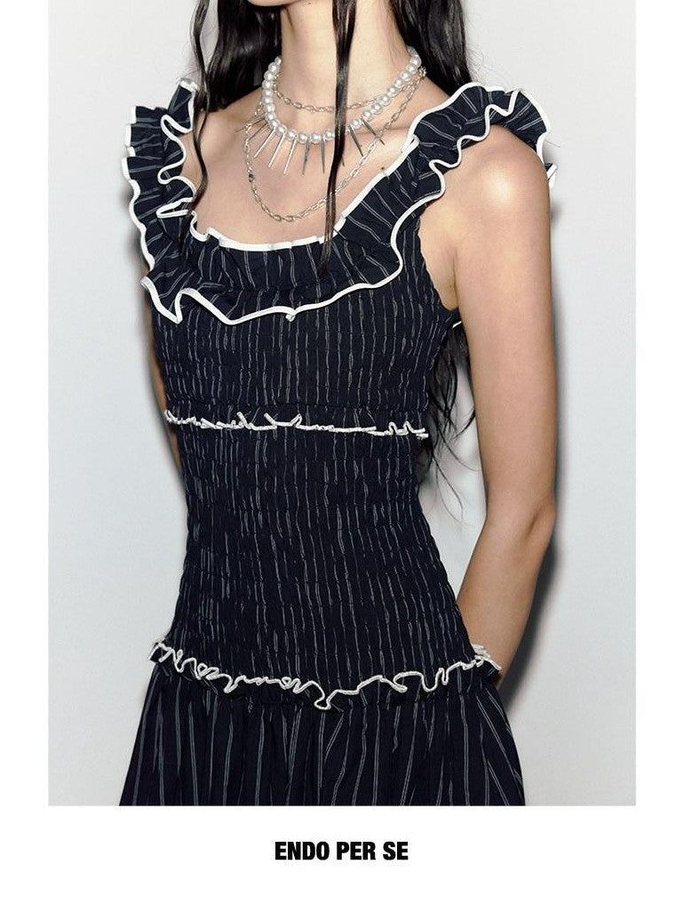 ENDO PER SE Floral Ruffle Trim Gathered Waist Straight Neck Women's Cotton Slip Maxi Dresses