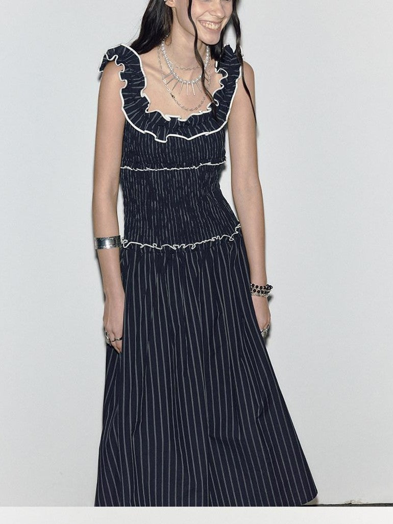 ENDO PER SE Floral Ruffle Trim Gathered Waist Straight Neck Women's Cotton Slip Maxi Dresses