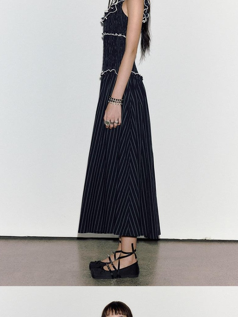 ENDO PER SE Floral Ruffle Trim Gathered Waist Straight Neck Women's Cotton Slip Maxi Dresses