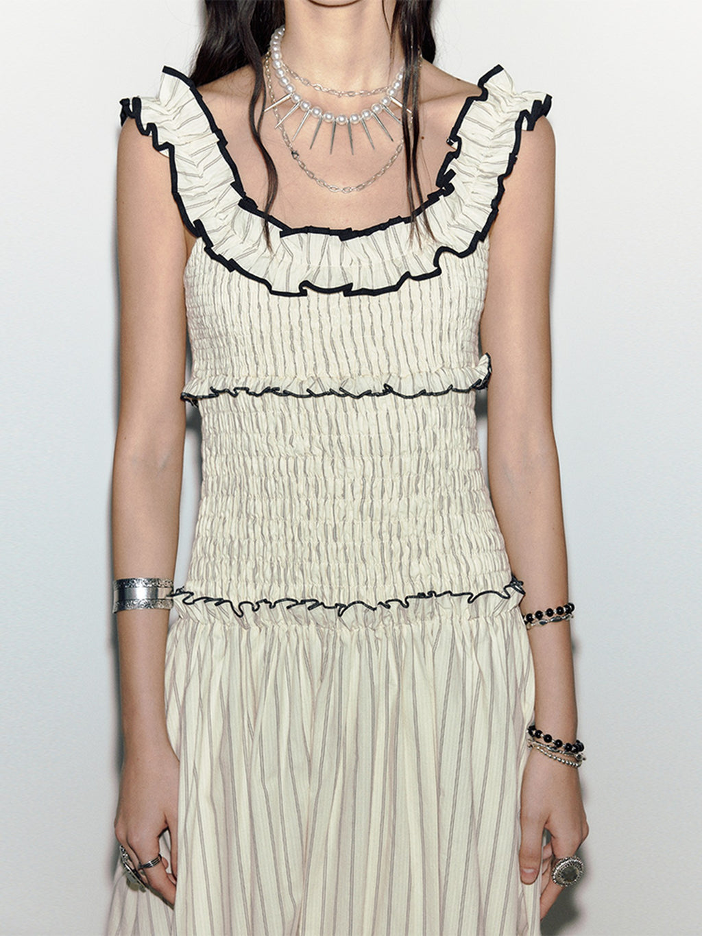ENDO PER SE Floral Ruffle Trim Gathered Waist Straight Neck Women's Cotton Slip Maxi Dresses