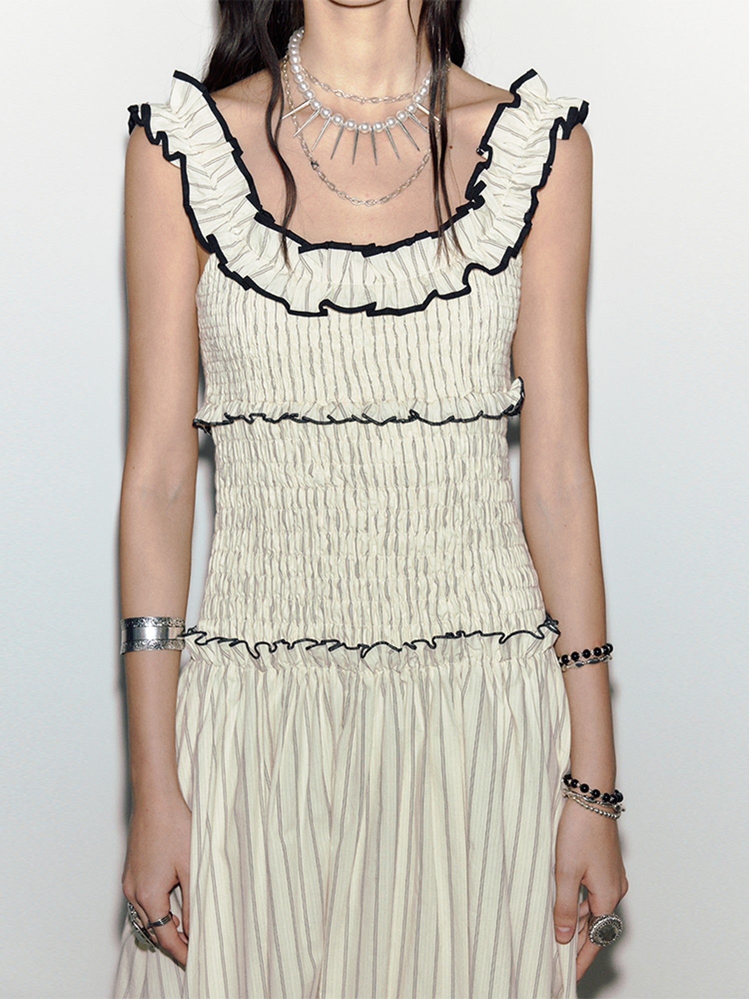 ENDO PER SE Floral Ruffle Trim Gathered Waist Straight Neck Women's Cotton Slip Maxi Dresses