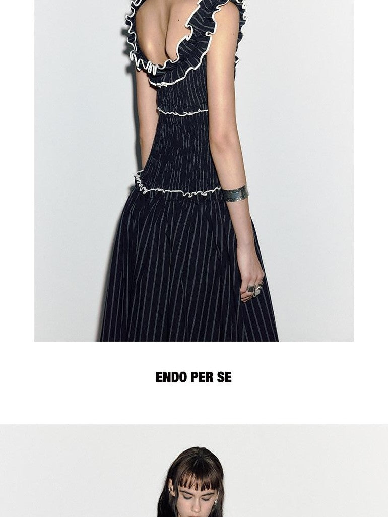 ENDO PER SE Floral Ruffle Trim Gathered Waist Straight Neck Women's Cotton Slip Maxi Dresses