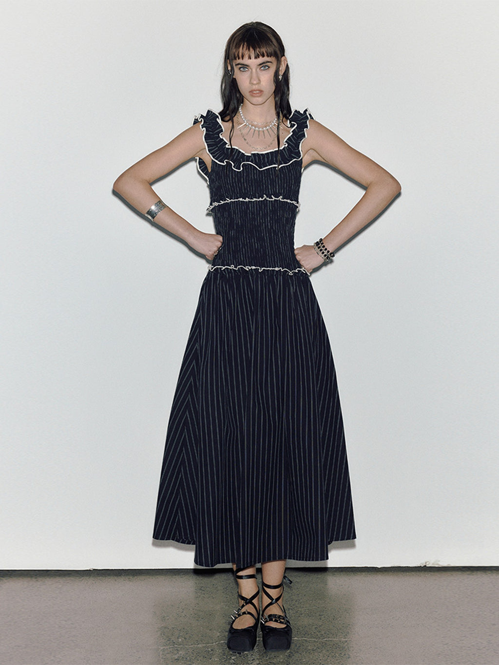 ENDO PER SE Floral Ruffle Trim Gathered Waist Straight Neck Women's Cotton Slip Maxi Dresses