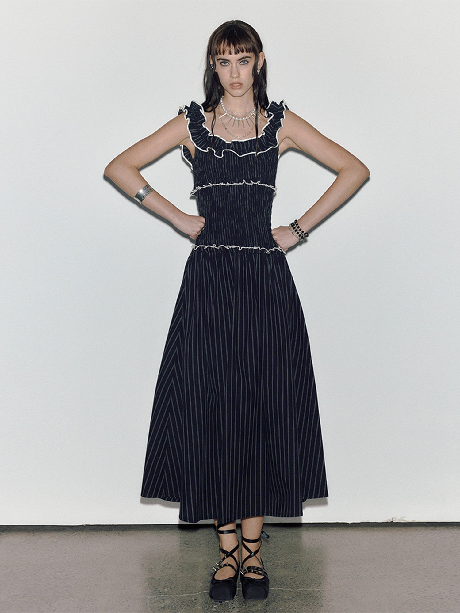 ENDO PER SE Floral Ruffle Trim Gathered Waist Straight Neck Women's Cotton Slip Maxi Dresses