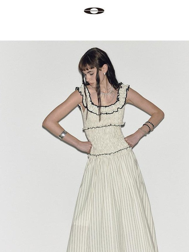 ENDO PER SE Floral Ruffle Trim Gathered Waist Straight Neck Women's Cotton Slip Maxi Dresses