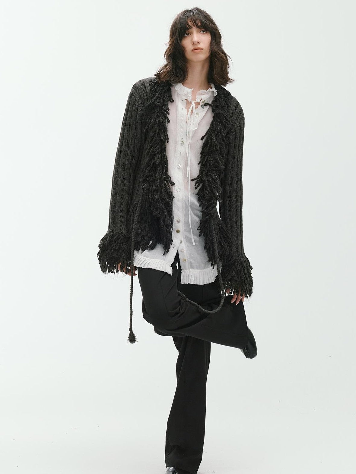 ENDO PER SE Fringe Ribbed Chunky Stripe Knit Women's Cotton Cardigans