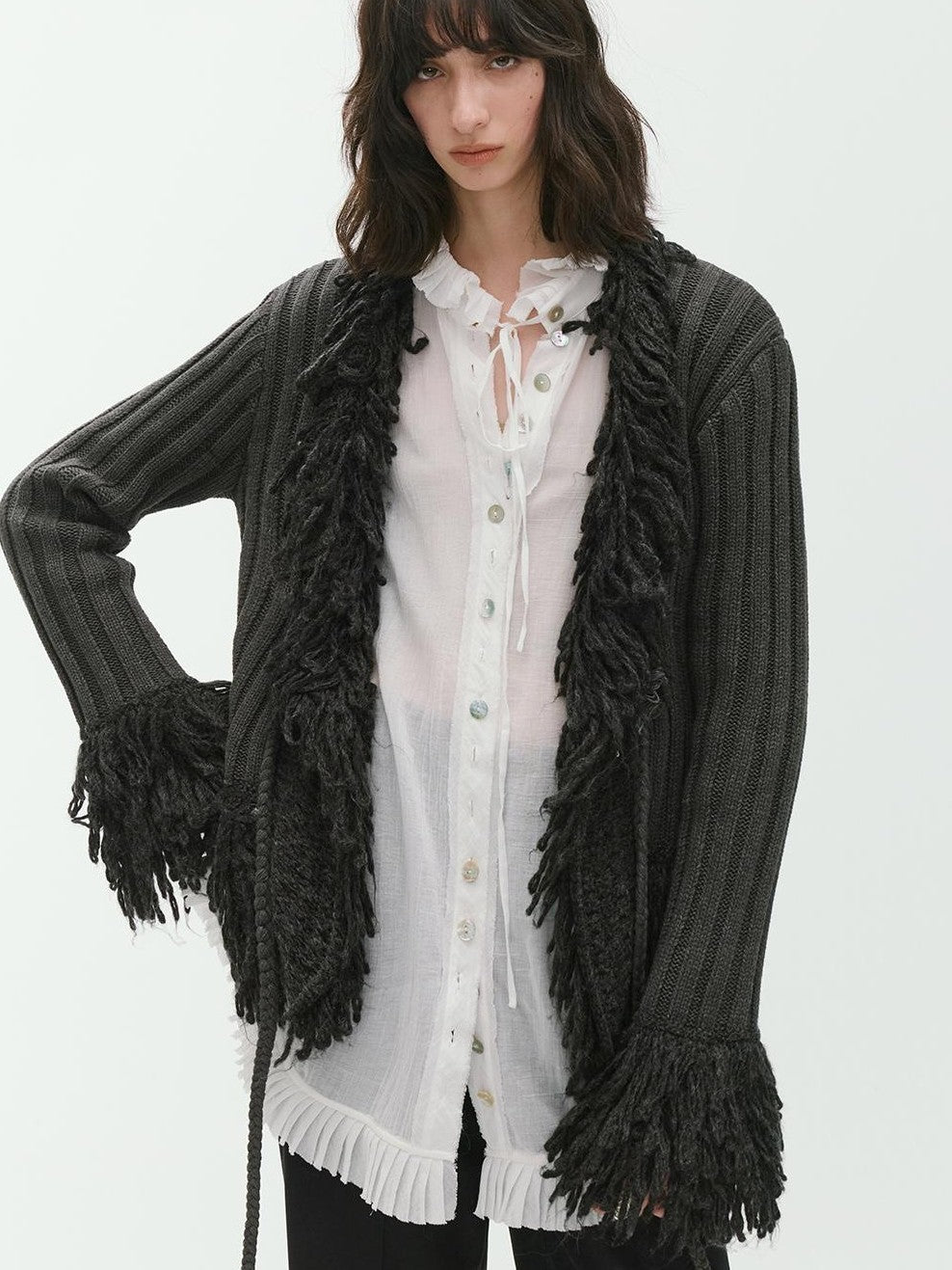 ENDO PER SE Fringe Ribbed Chunky Stripe Knit Women's Cotton Cardigans