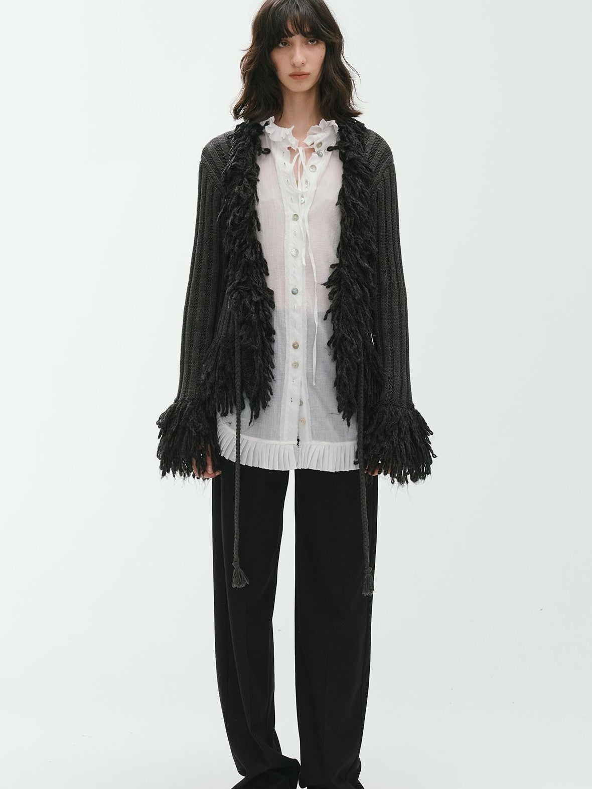 ENDO PER SE Fringe Ribbed Chunky Stripe Knit Women's Cotton Cardigans