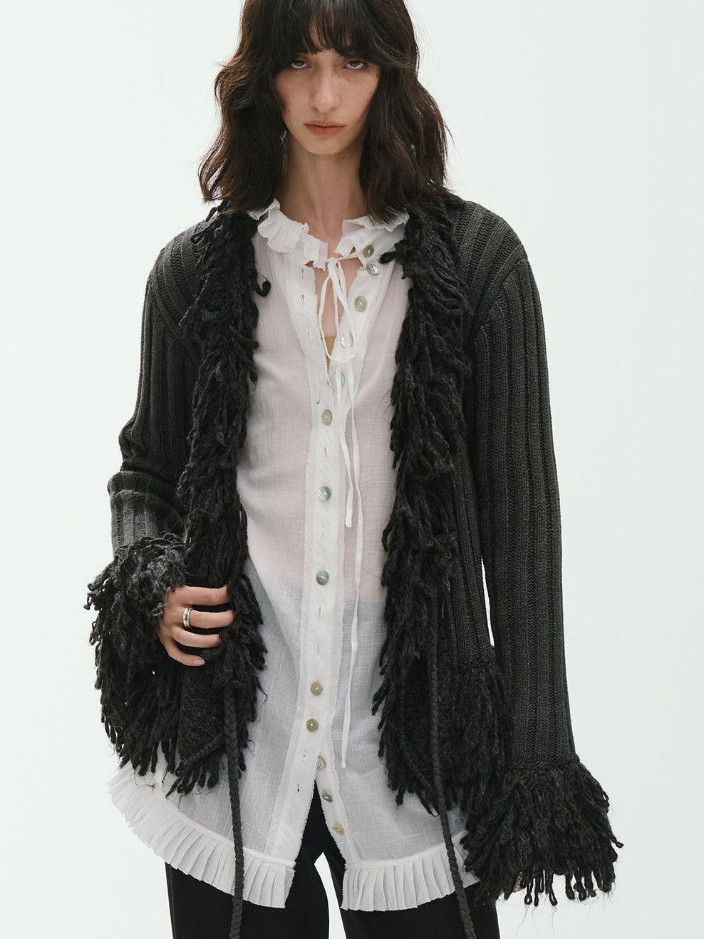 ENDO PER SE Fringe Ribbed Chunky Stripe Knit Women's Cotton Cardigans
