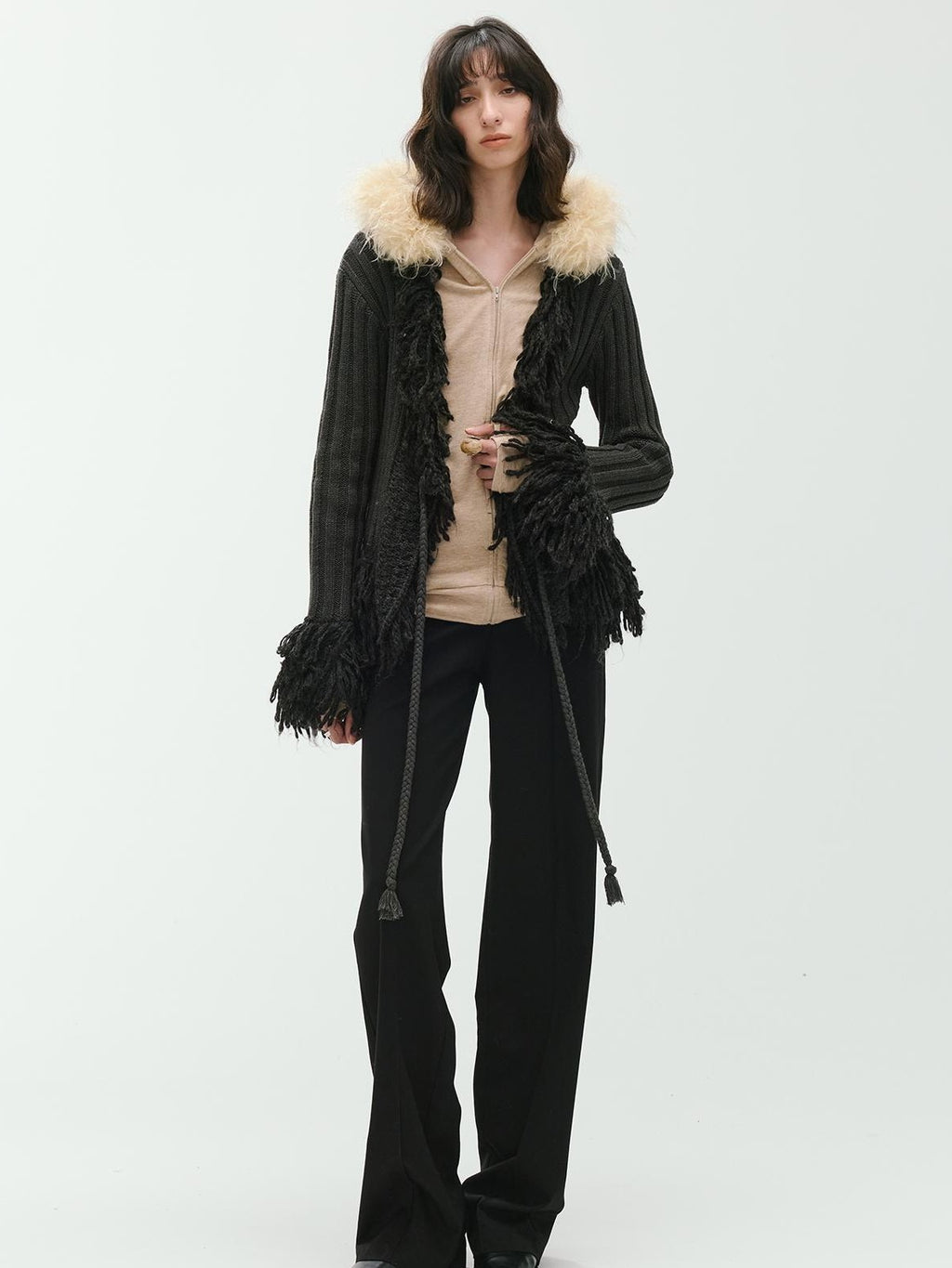ENDO PER SE Fringe Ribbed Chunky Stripe Knit Women's Cotton Cardigans