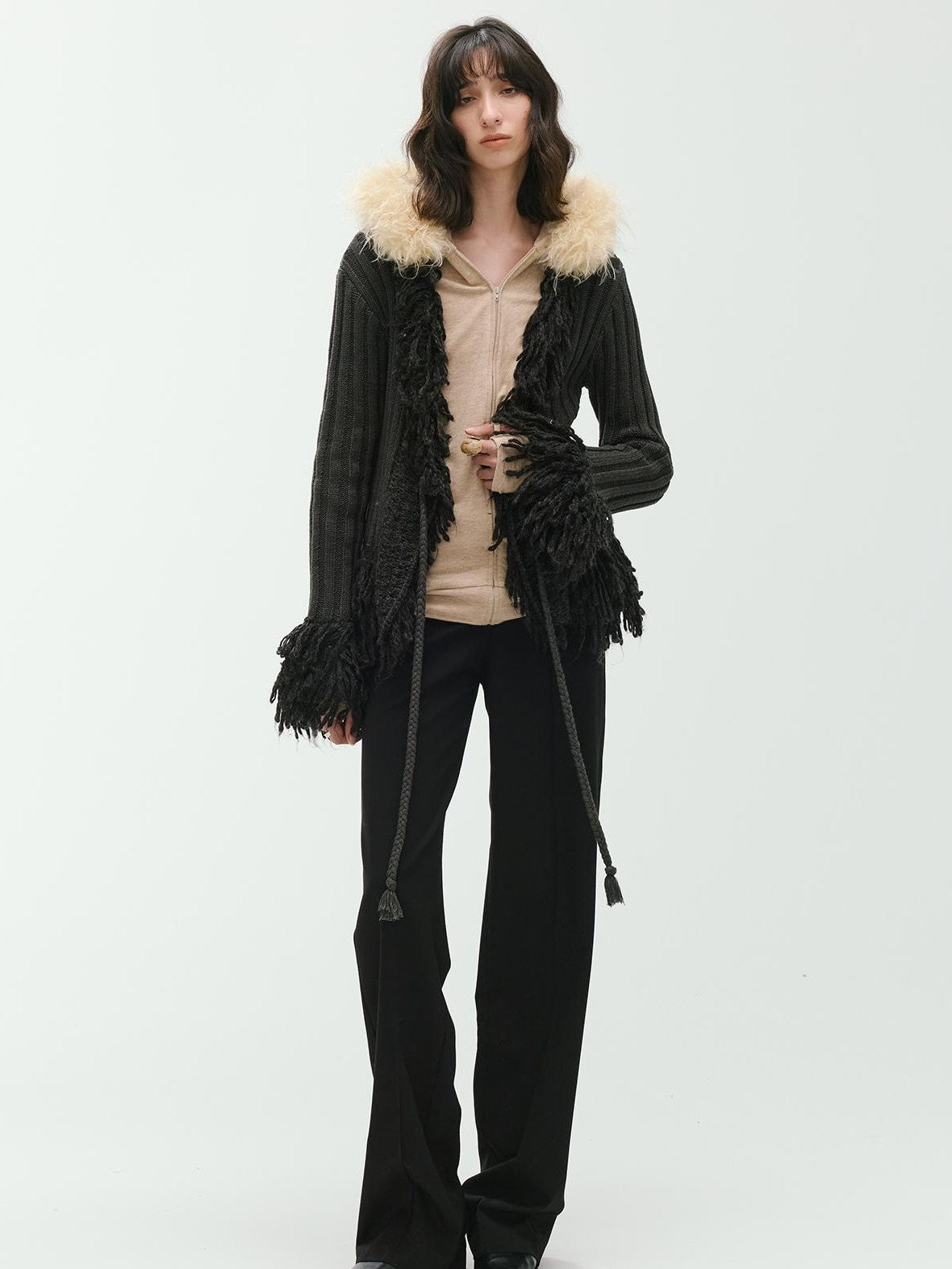 ENDO PER SE Fringe Ribbed Chunky Stripe Knit Women's Cotton Cardigans