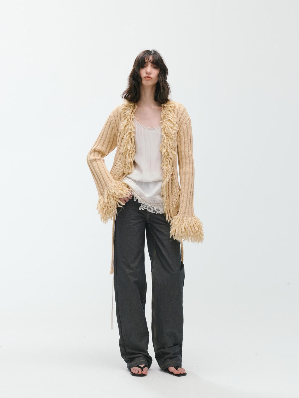 ENDO PER SE Fringe Ribbed Chunky Stripe Knit Women's Cotton Cardigans