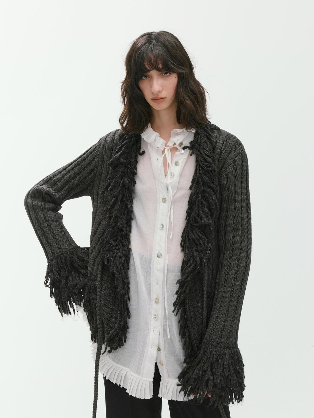 ENDO PER SE Fringe Ribbed Chunky Stripe Knit Women's Cotton Cardigans