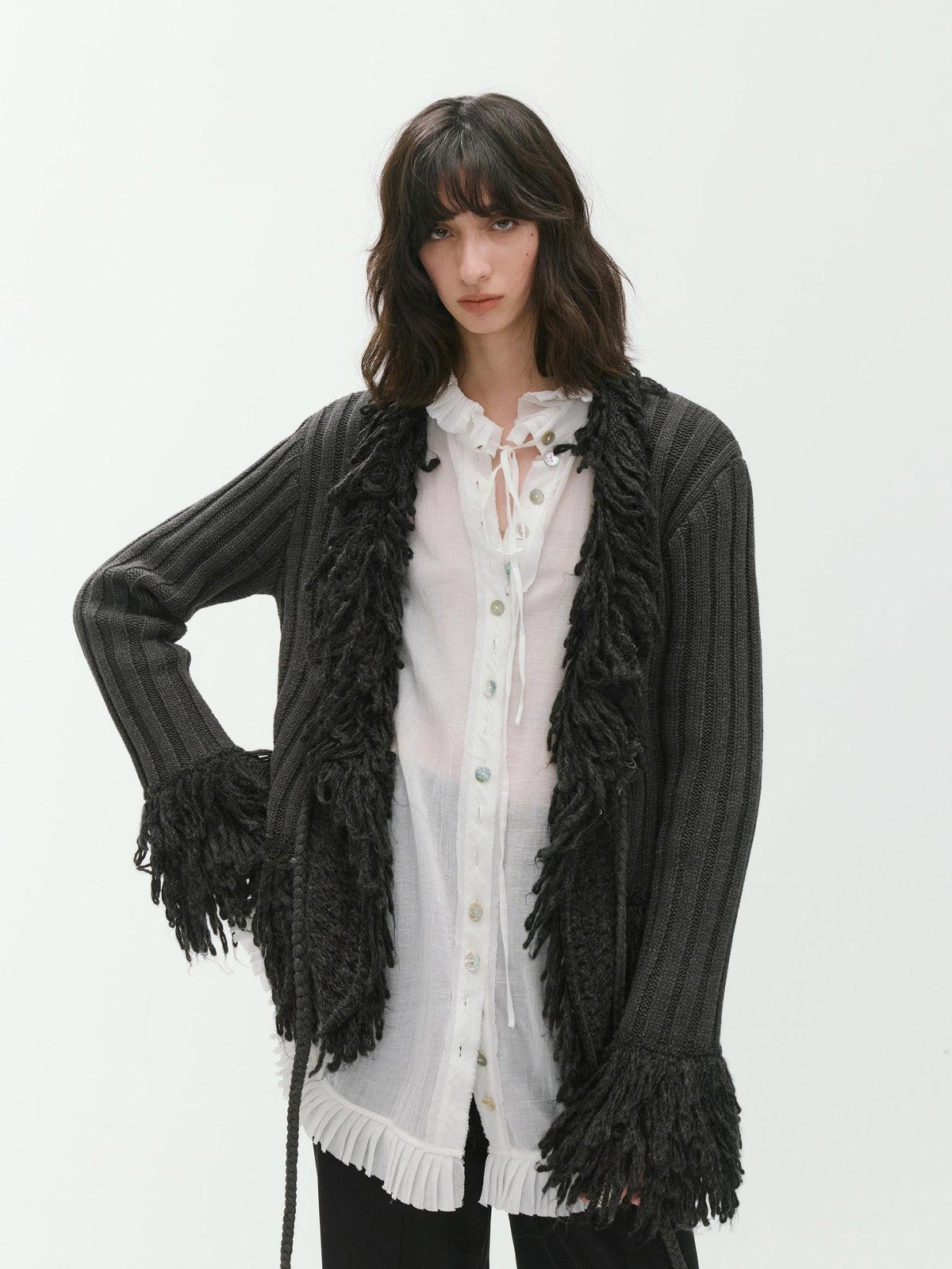 ENDO PER SE Fringe Ribbed Chunky Stripe Knit Women's Cotton Cardigans