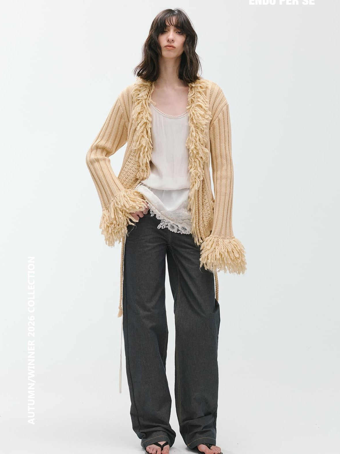 ENDO PER SE Fringe Ribbed Chunky Stripe Knit Women's Cotton Cardigans