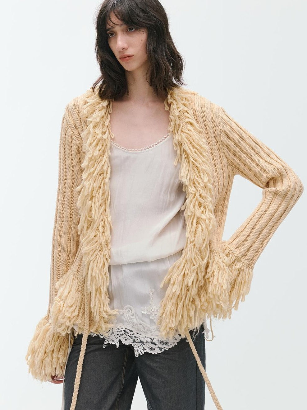 ENDO PER SE Fringe Ribbed Chunky Stripe Knit Women's Cotton Cardigans