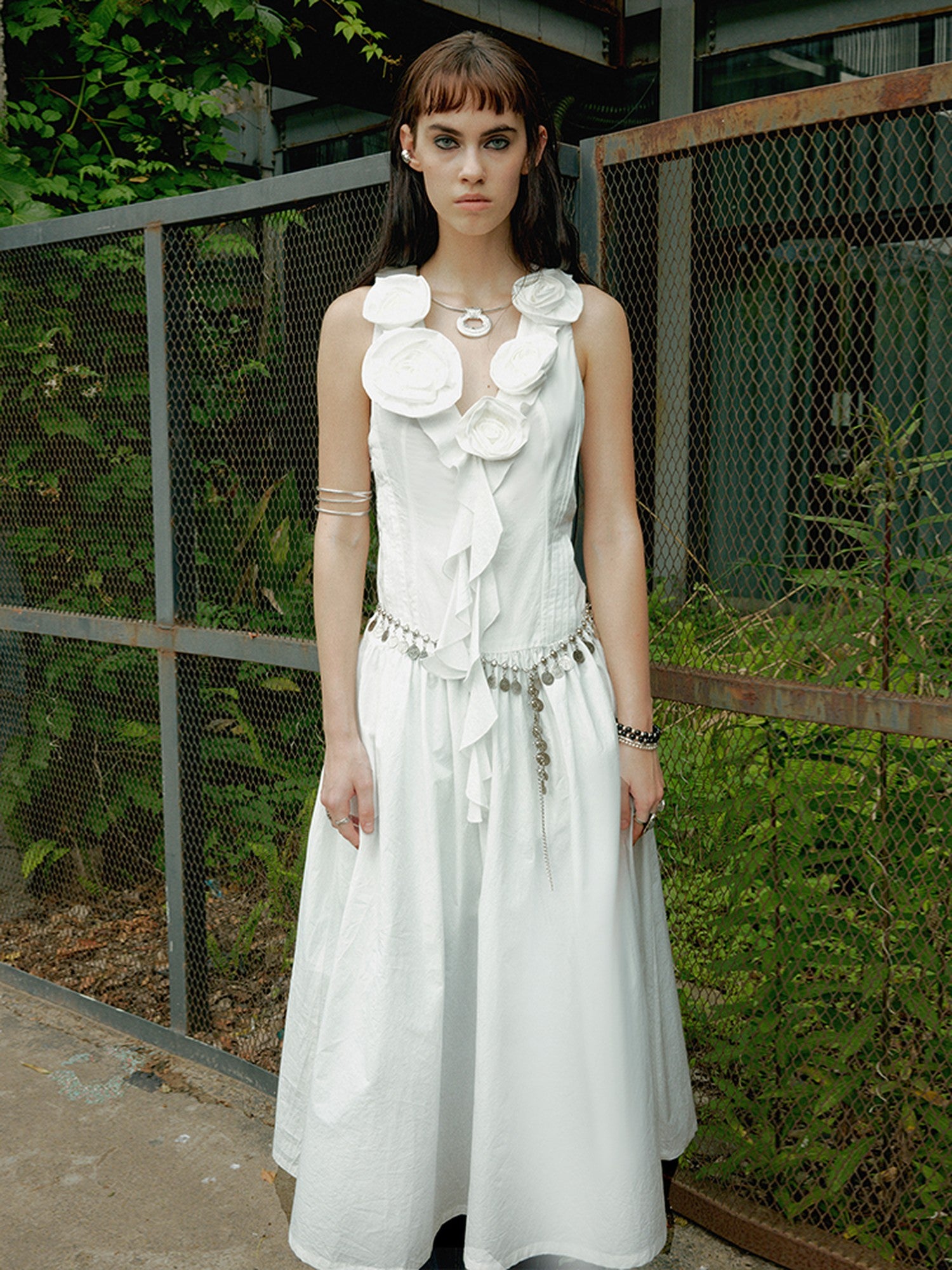 ENDO PER SE Gothic Floral Handmade Lace Up V-neck Women's Cotton Slip Maxi Dresses