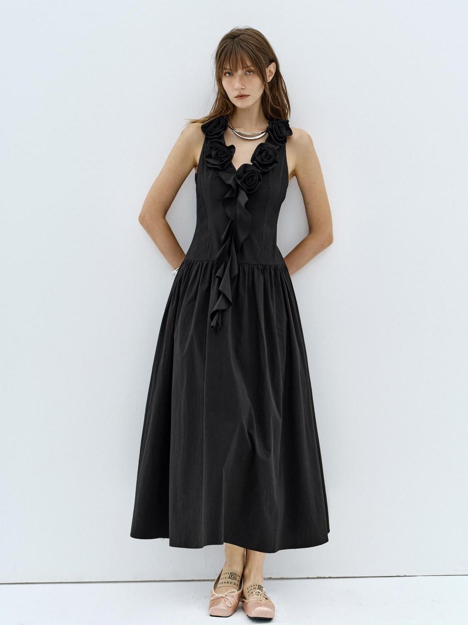 ENDO PER SE Gothic Floral Handmade Lace Up V-neck Women's Cotton Slip Maxi Dresses