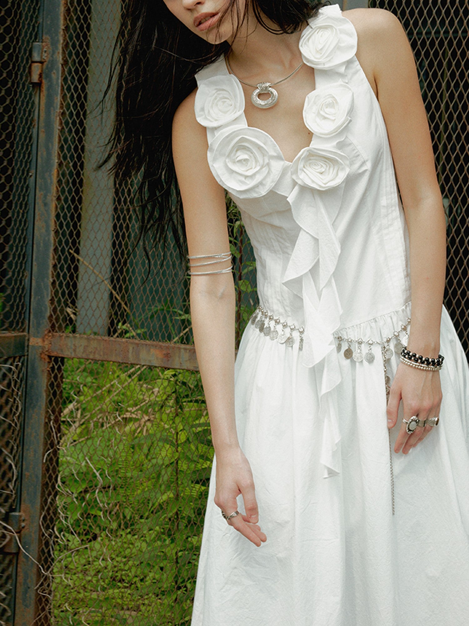 ENDO PER SE Gothic Floral Handmade Lace Up V-neck Women's Cotton Slip Maxi Dresses