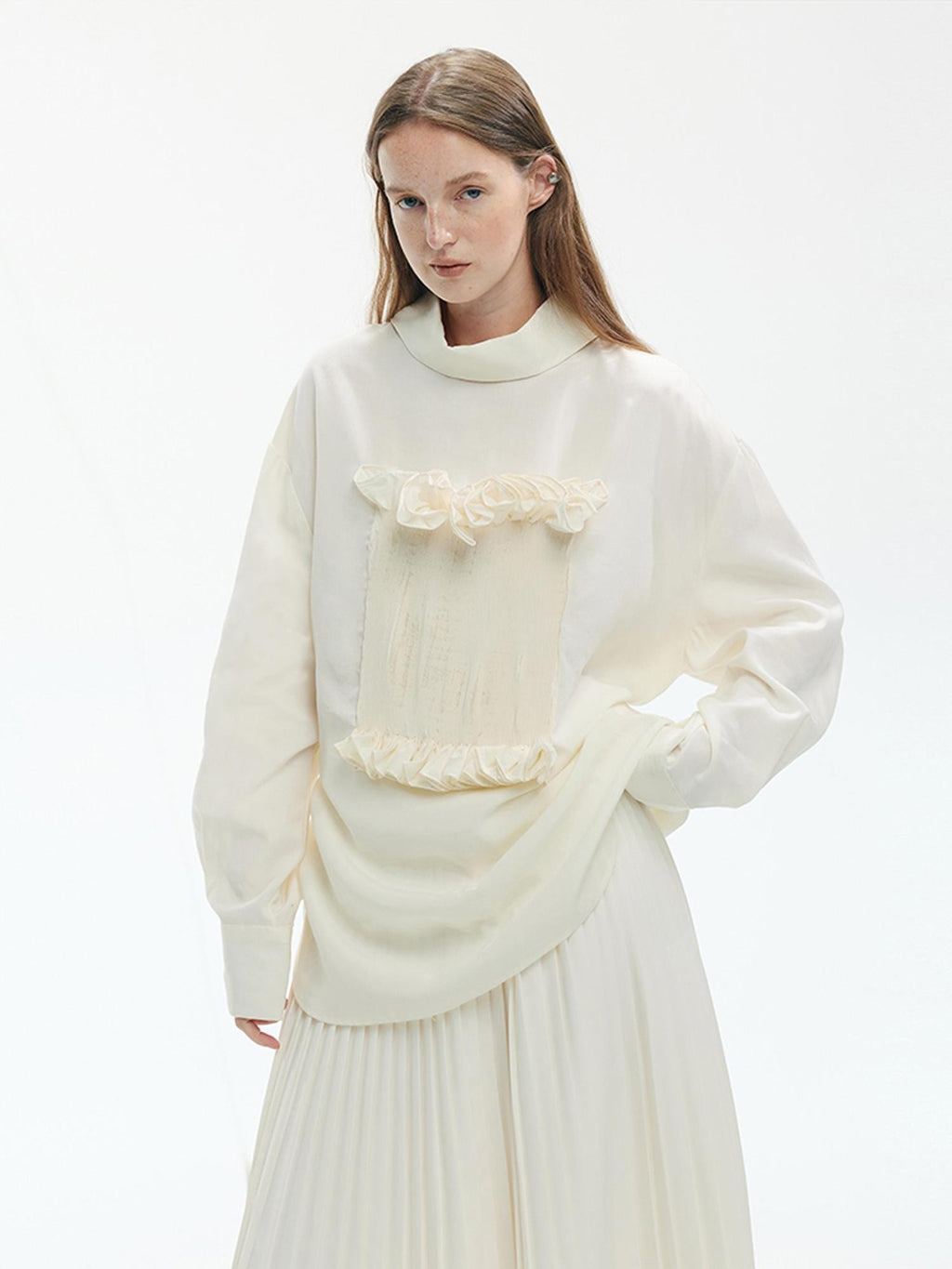 ENDO PER SE Gothic Lace Stand Collar Smocked Long Sleeve Lyocell Linen Women's Blouses