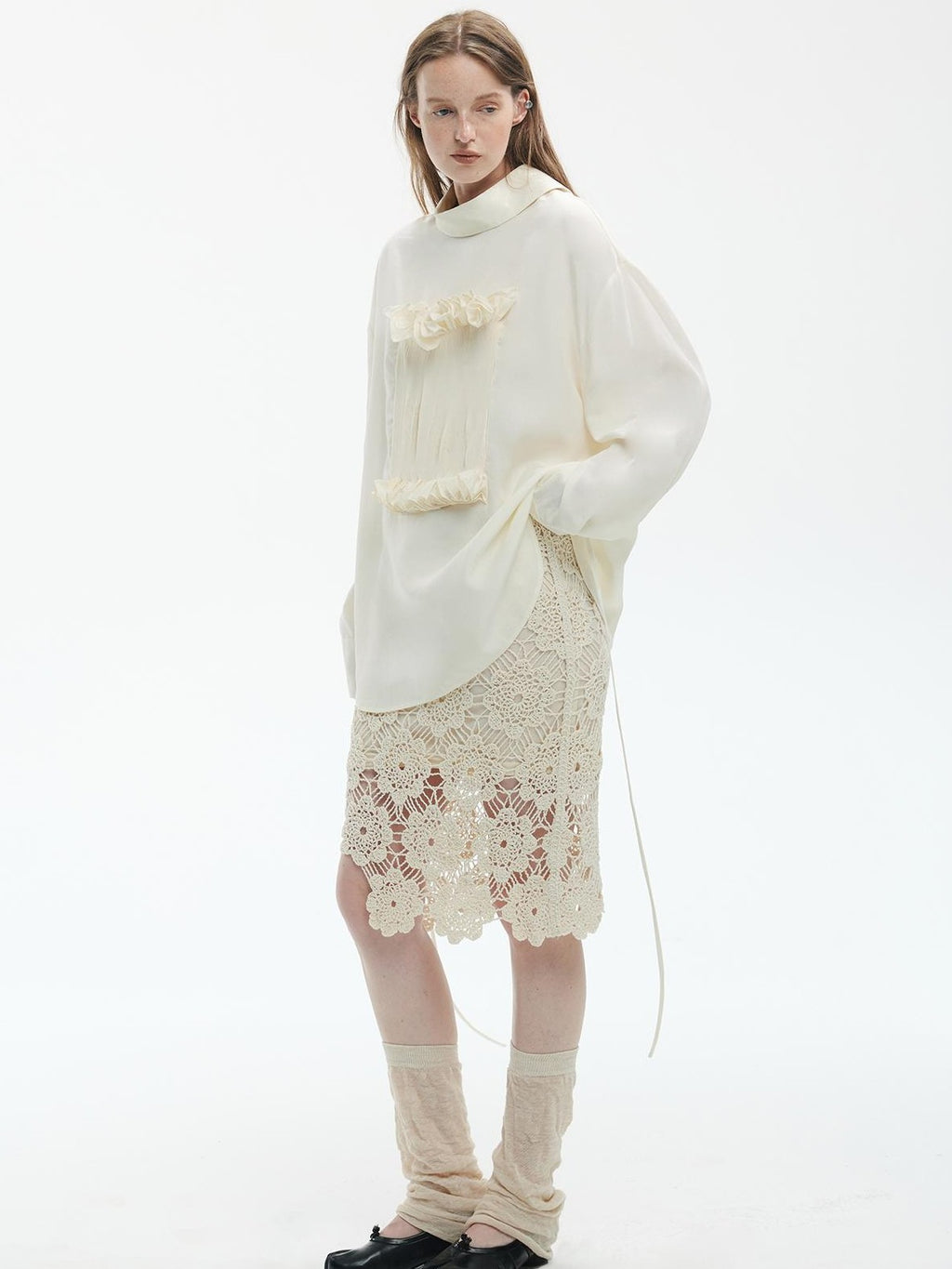 ENDO PER SE Gothic Lace Stand Collar Smocked Long Sleeve Lyocell Linen Women's Blouses