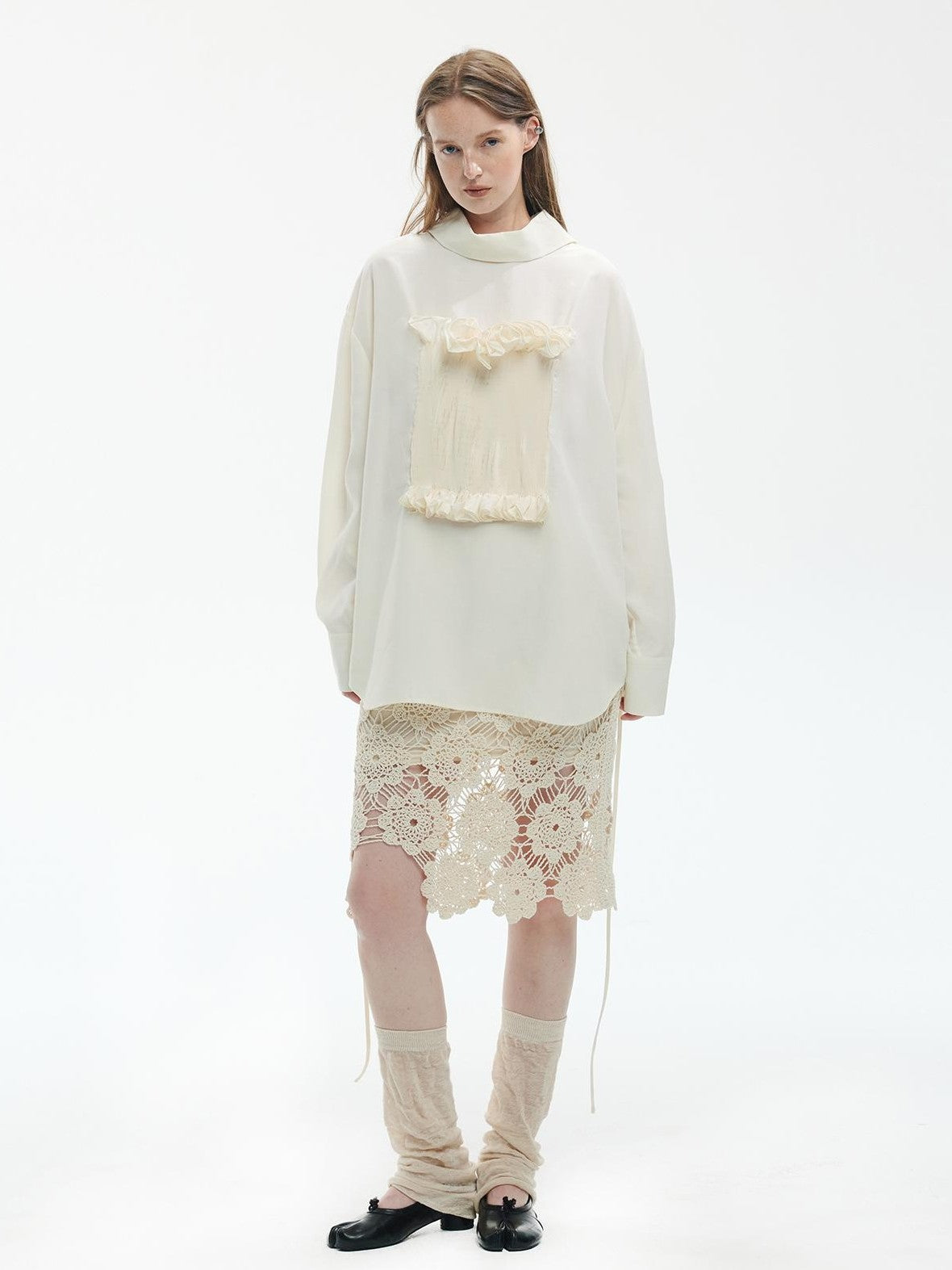 ENDO PER SE Gothic Lace Stand Collar Smocked Long Sleeve Lyocell Linen Women's Blouses