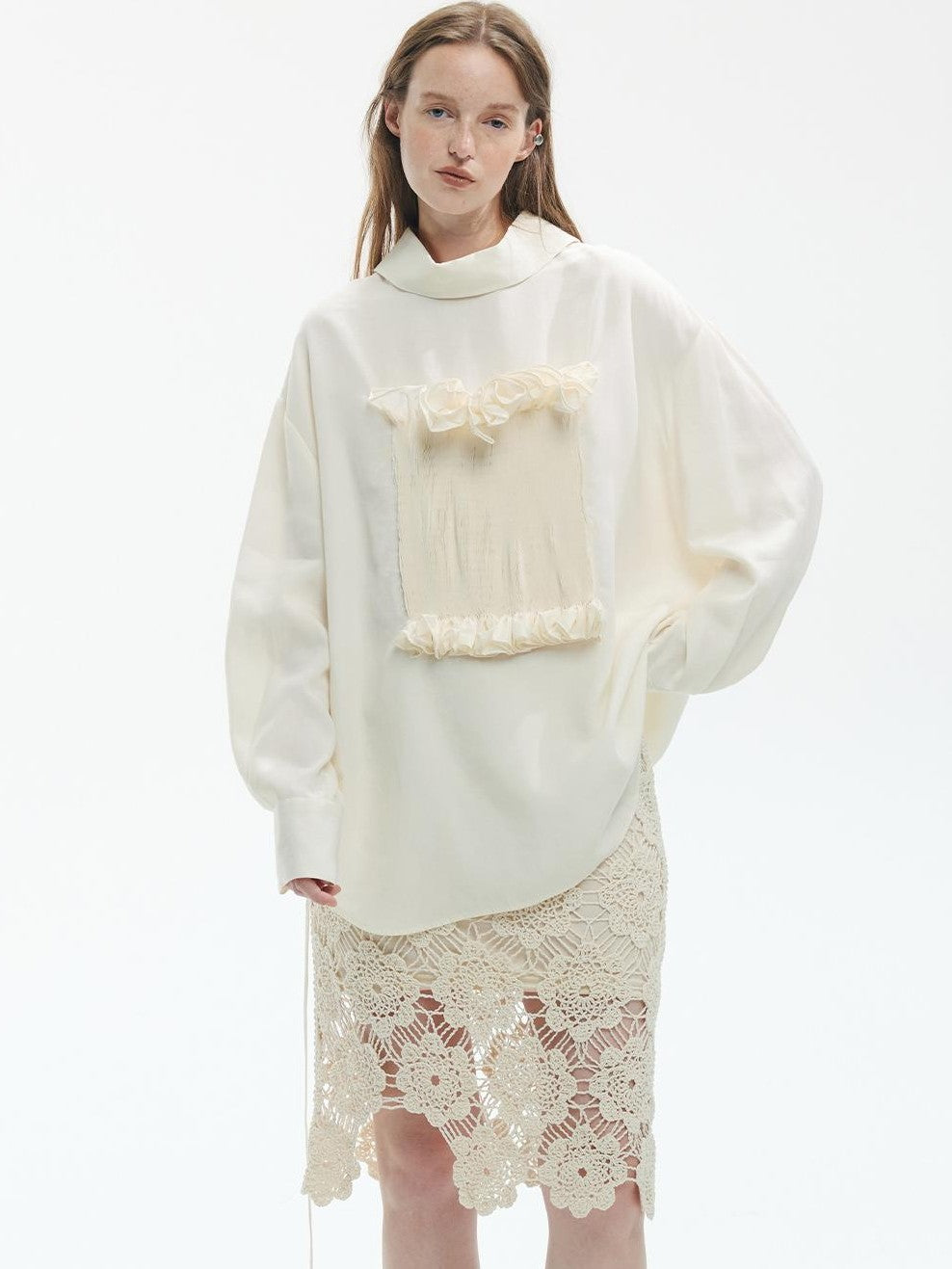 ENDO PER SE Gothic Lace Stand Collar Smocked Long Sleeve Lyocell Linen Women's Blouses